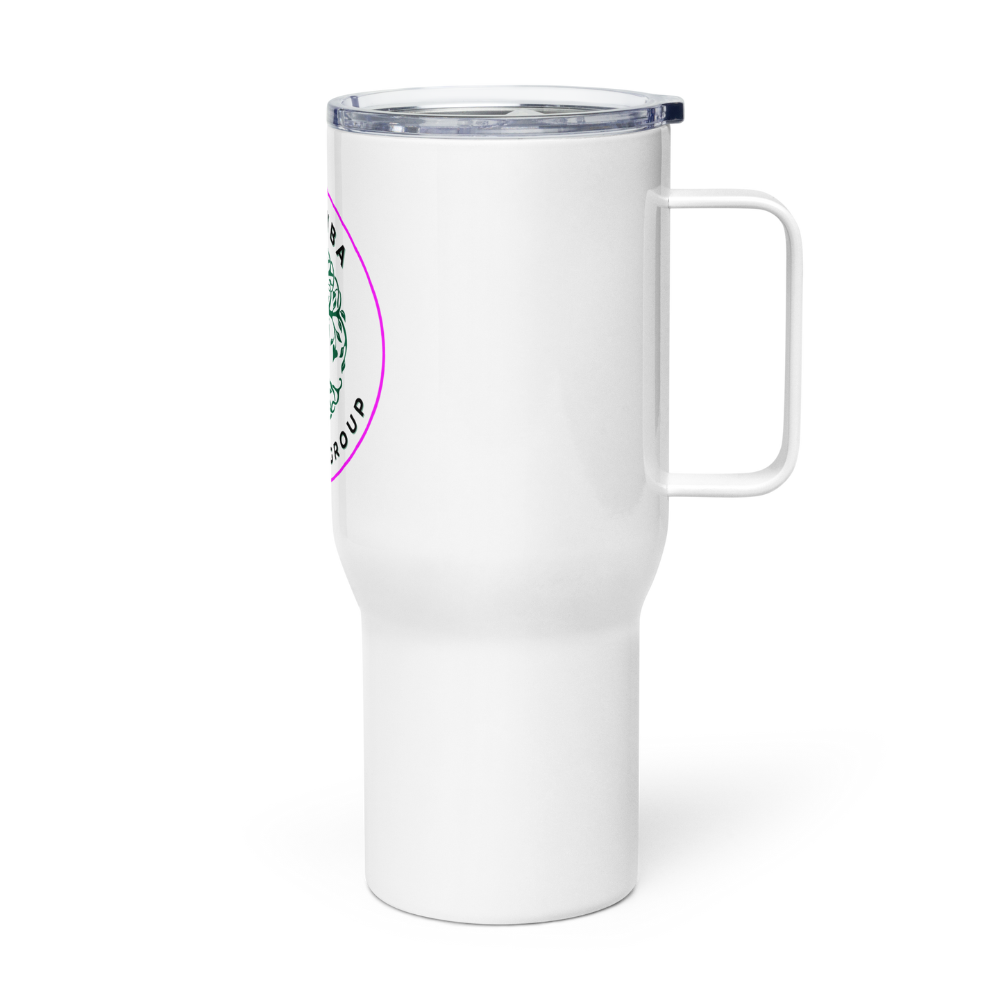 White Travel mug with a handle